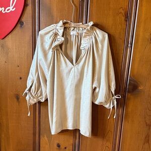 Chic Cream Shimmer Blouse with Tie Sleeves